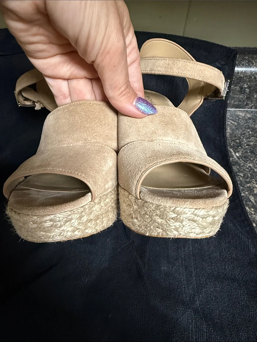 Michael Kors Neutral Beige Suede Espadrille Wedge Sandals